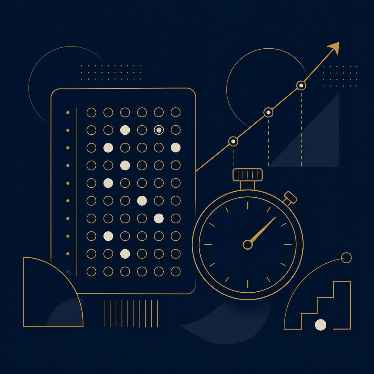 Abstract illustration of an answer sheet, stopwatch and rising score line